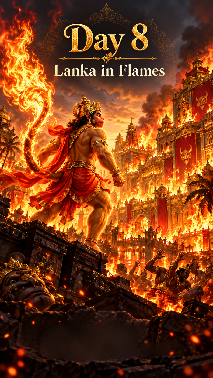 Ramayana story card: Hanuman in Lanka Flames