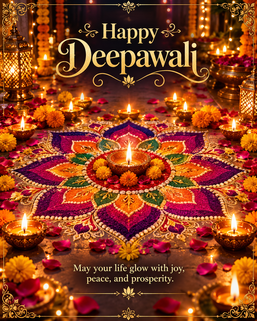 Digital Diwali greeting card: Golden Deepawali Rangoli Celebration