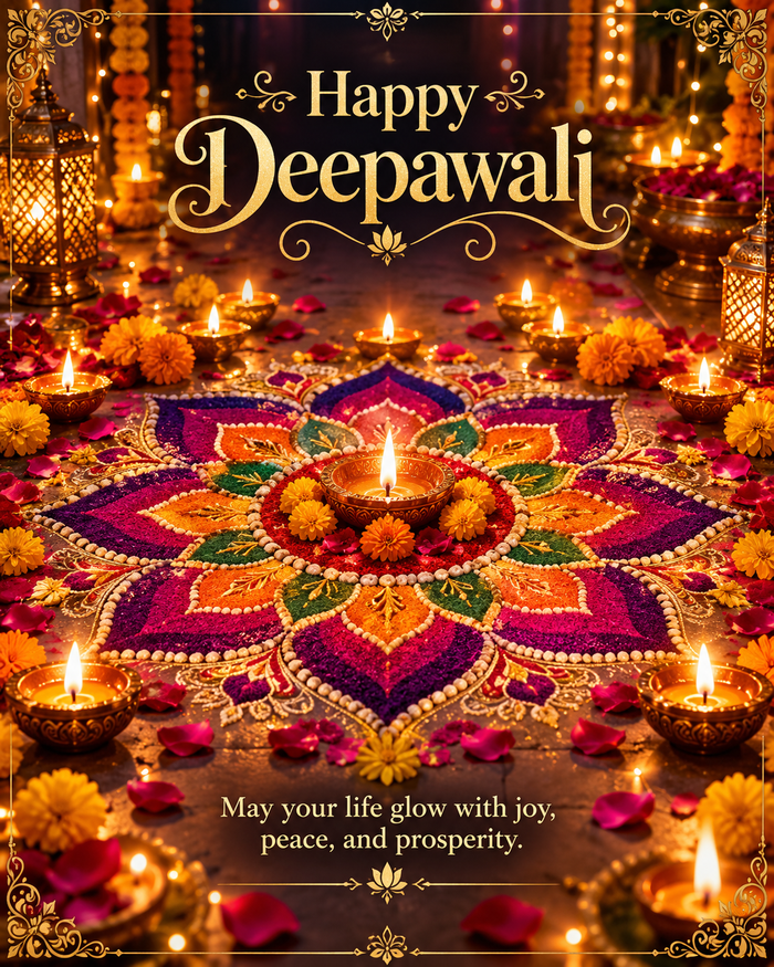 Digital Diwali greeting card: Golden Deepawali Rangoli Celebration