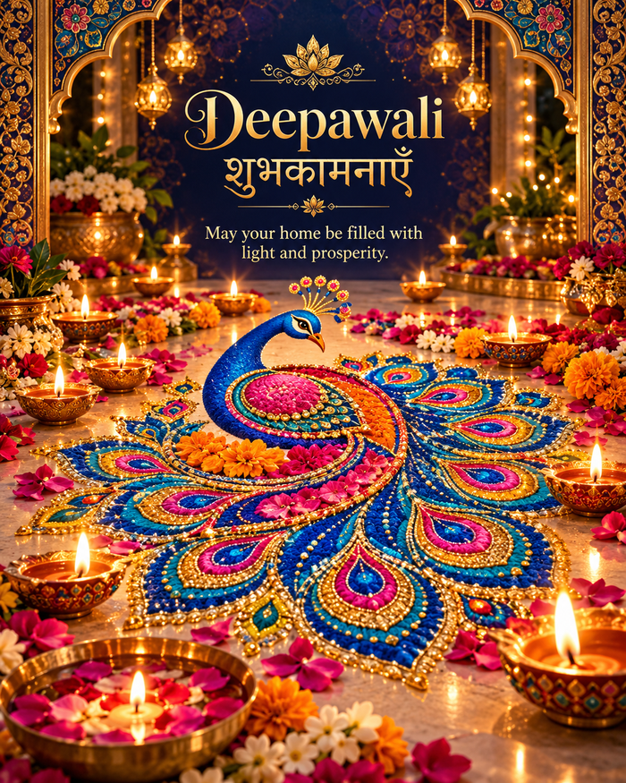 Digital Diwali greeting card: Ornate Deepawali Peacock Rangoli