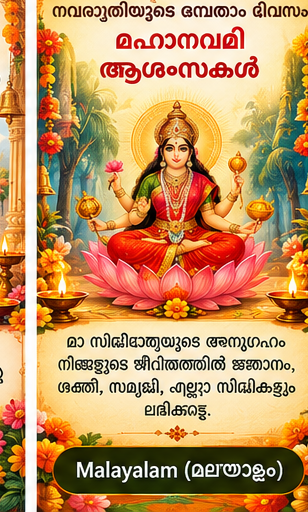 Maha Navami festival greeting card related to Malayalam wishes